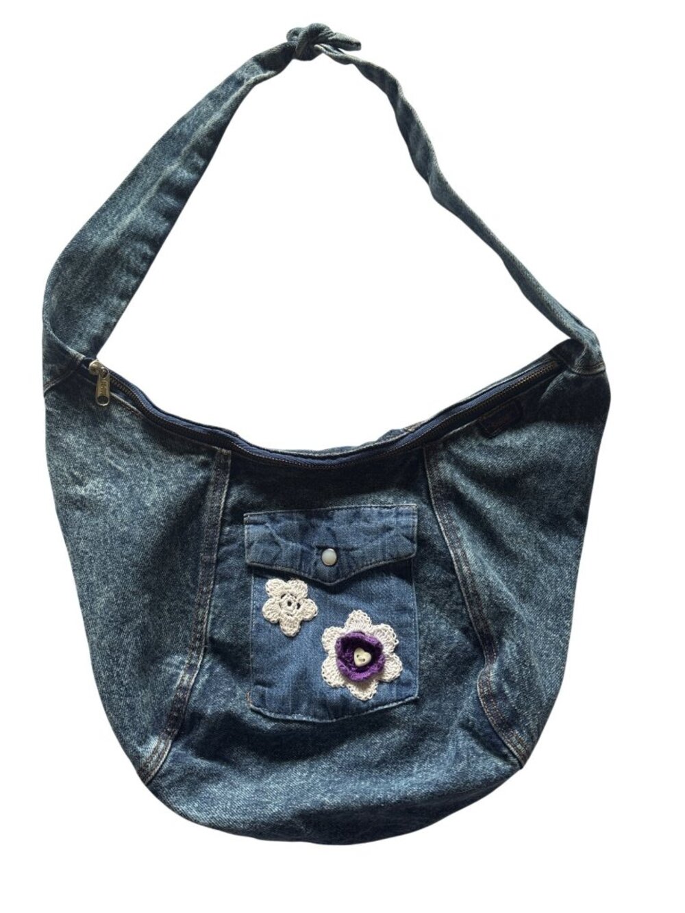Upcycled Denim Shoulder Bag With Crochet Flower Accents & Zipper Closure